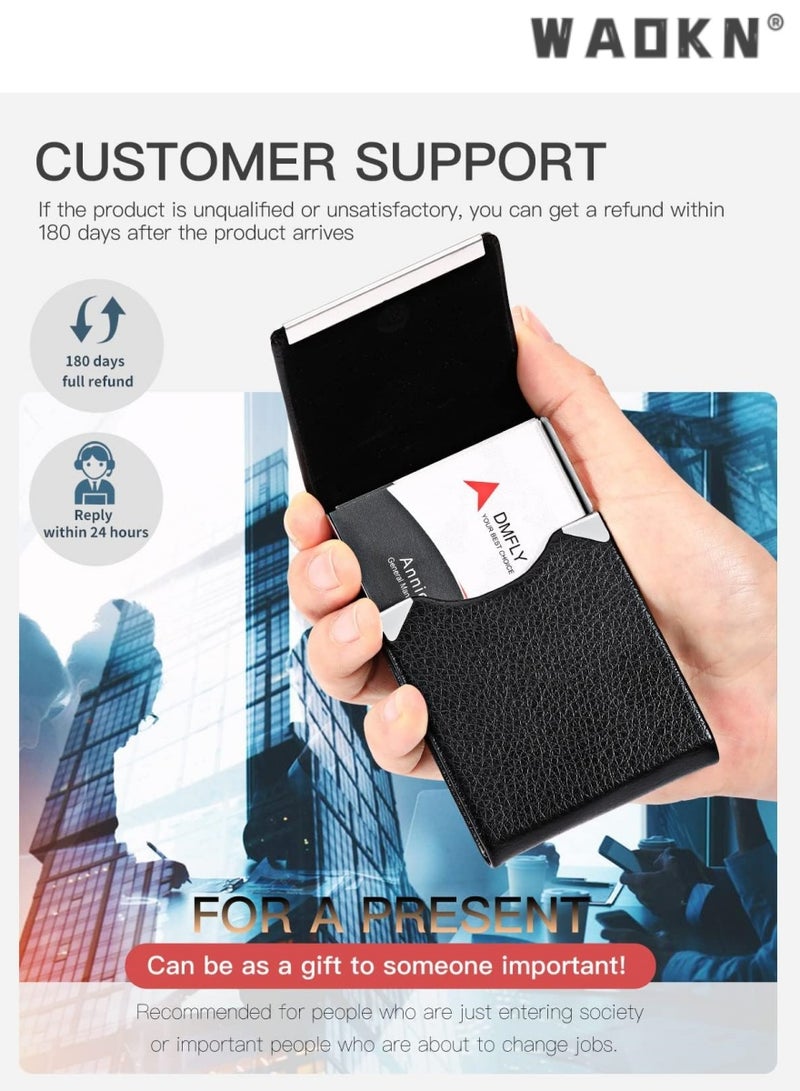 WAOKN Business Card Holder, PU Leather Business Card Case Pocket Card Holders for Men or Women, Metal Slim Name Card Holder RFID Blocking Business Card Carrier with Magnetic Closure, Black - Image 4